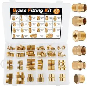 66pcs Brass Pipe Fittings Assortment NPT Adapter Fitting, Reducer Bushing, Hex Nipple, Reducing Hex Coupling, Pipe Head Brass Plug Kit