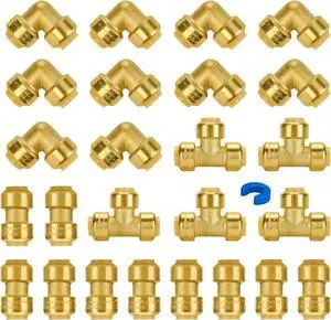 Plumbing Fittings 1/2 Inch, Push Pex Fittings 1/2", 10 Each Coupling and 90 Degree Elbow, Tee (5 PCS), No Lead Brass Push to Connect Pex Pipe, Copper, CPVC, with 1 Disconnect Clip, Pack of 25