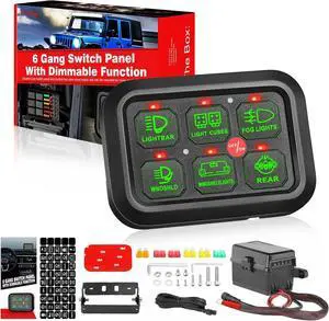6 Gang Switch Panel Momentary Dimmable Switch Pods 6 Gangs Multifunction Switch Panel Built in Solid State Relay System Box for Car Truck Pickup Wrangler SUV UTV ATV