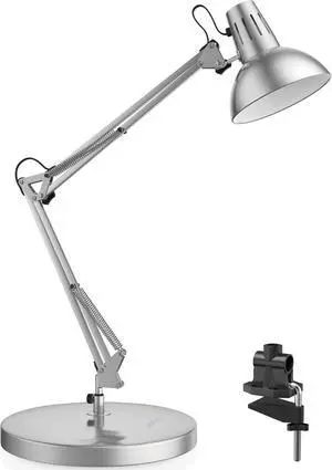 Metal Desk Lamp, Adjustable Goose Neck Architect Table Lamp with On/Off Switch, Swing Arm Desk Lamp with Clamp, Eye-Caring Reading Lamp for Bedroom, Study Room &Office (Silver)