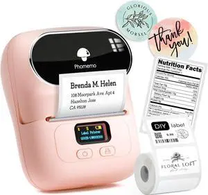 Label Printer M110 Upgraded Label Maker Bluetooth No Ink Portable for Small Business, Address, Office, Home for Phone; for PC/Mac(USB), with 100 Labels, Baby Pink