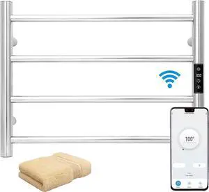 Smart WiFi Towel Warmer Wall Mounted with Built-in Timer and Temperature Adjust Control, 4 Bars Electric Stainless Steel Heated Towel Racks for Bathroom Polish Chrome
