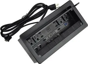 Tabletop Multimedia Connectivity Box with 4 AC Power+2 HDMI+2 RJ45+1 USB3.0 Port +1 USB-C +2 Audio with 5.58ft Power Cord for Conference Room Office Desk(Black)