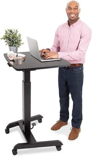 Multifunctional Mobile Podium Desk | Portable Sit to Stand Lectern with Pneumatic Height Adjustment & Tilting Desktop | Rolling Laptop Stand | Mobile Desk for School, Home, Office (Black)
