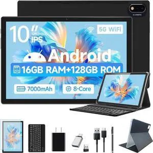 2025 Latest Android Tablet 10.1 Inch, 5G WiFi Tablets Mit 16GB RAM+128GB ROM(1TB TF),2 in 1 Tablet with Keyboard Mouse Pen-Octa-Core2.0Ghz | 7000mAh | 1080FHD | 13MP Camera | WLAN GPS -Black