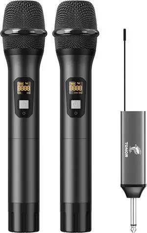 Wireless Microphone, UHF Dual Cordless Metal Dynamic Mic System with Rechargeable Receiver (Black)