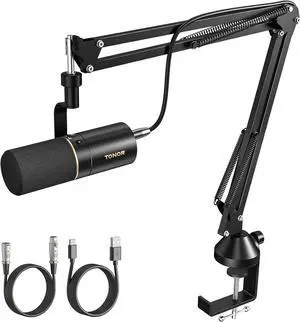Dynamic Microphone, XLR/USB Microphone for Podcast, Recording, Streaming, Gaming, XLR Cardioid Studio Mic with Quick Mute, 3.5mm Headphone Jack, Volume Control, Mic with Boom Arm, White, TD510+