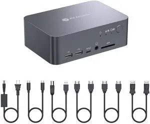 AV Access Docking Station Dual Monitor for Laptop & Desktop, USB-C Charge, Aluminum, KVM Switcher for 2 Computers with Ethernet, EDID, 4K@60Hz/2K@144Hz/1080P@240Hz, 3xUSB 3.0, Power Supply, Audio, SD