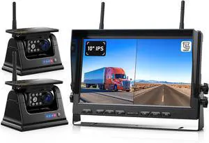 Magnetic Solar Wireless Backup Camera HD 1080P 10" DVR Monitor, Dual RV Cameras Wireless System for Hitch Towing Travel RV Camper 5th Wheel, Built-in 9600mAh Battery & Solar Panel, BD102