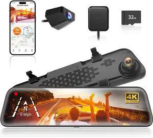 G840S 12" 4K Mirror Dash Cam Backup Camera, 5.8GHz WiFi Smart Rearview Mirror for Cars & Trucks, Front and Rear View Dual Cameras, Night Vision, Parking Assistance, Included 32GB Card & GPS