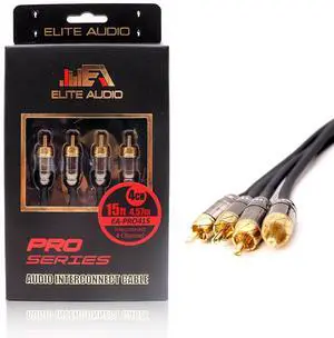 Pro Series 15ft. 4-Channel Car Audio RCA Cable - Triple Shielded, Brass Connectors, Oxygen Free Copper Noise Reducing Audio Cable for Amplifiers Subwoofers Speakers and Processors  PRO415