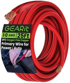 1/0 Gauge Wire Oxygen Free Copper OFC (25ft - Red Translucent) 0 AWG - Primary Automotive Wire Power/Ground, Battery Cable, Car Audio Speaker, RV Trailer, Amp, Electrical 0ga - 25 Feet