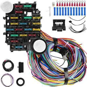 Universal 21 Circuit Wiring Harness Kit, Universal Extra Long Wire 21 Circuit Wiring Harness Standard Color 17 Fuses for GM Chevy Chrysler Dodge Ford Hotrods Plymouth Mopar Mercury Ratrods