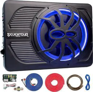 10" 800W Slim Under Seat Powered Car Subwoofer, Car/Truck Audio Sub Built in Amplifier, New Upgrade with Blue LED Ambient Light
