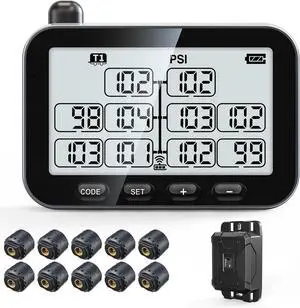Trailer Tire Pressure Monitoring System, RV TPMS with 10 Sensors, 6 Alert Modes, Signal Booster, Power Saving Display, Long Sensing Distance, for 3 Trailers (T1/T2/T3), for Camper, Motor Homes