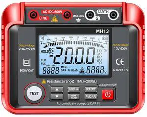 MH13 250V-2500V Digital Insulation Resistance Tester 1M-200G Megger Megohm Testing Meter Auto Range 2000 Counts LCD Display 10V~600V AC/DC Voltmeter with 100 Data Storage