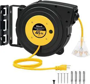 Retractable Extension Cord Reel, 45 FT Heavy Duty Power Cord, 12AWG/3C SJTOW, 3 Grounded Outlets Lighted Triple Tap for Ceiling/Wall Mount, 15 Amp Circuit Breaker, UL Listed, Yellow Y45CR06