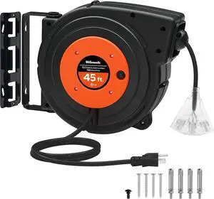 Retractable Extension Cord Reel, 45 FT Heavy Duty Power Cord, 12AWG/3C SJTOW, 3 Grounded Outlets Lighted Triple Tap, 15 Amp Circuit Breaker, UL Listed, Orange B45CR06