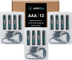 USB Rechargeable AAA Lithium Batteries, 1 Hour Charge Time, Recharge Over 1000 Times, 600 mAh, 4-in-1 USB-A to USB-C Charging Cable, 12 Pack