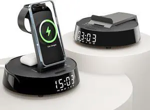 Alarm Clock with Wireless Charging Station, Clock for Bedroom with Dimmable Night Light Bluetooth Speaker, Wireless Charger Dock Station for iPhone 16 15 14 13 12 11 Pro Max, Apple Watch, AirPods 3