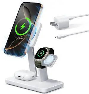 25W 3-in-1 Charger Stand for Magsafe, Made for Apple-Certified Magnetic Wireless Charger, 15W Charging Station for iPhone 16/15/14/13 Apple Watch/AirPods Pro, Phone-Cooling Charger, White