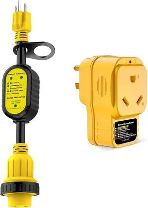 15 Amp to 30 Amp Adapter with Locking Connector + 30 Amp RV Surge Protector Circuit Analyzer Power Guard with Surge Protection for Camper Travel Trailer