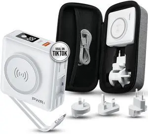 PWR Travel PRO 5-in-1 Power Bank with Case Included  10,000mAh with Built-in Cables  20W USB-C + 15W Wireless Charging  Compact Portable Charger for iPhone & Android - White