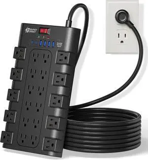 10Ft Power Strip Surge Protector, Charging Station 22 Outlets with 45W Type-C Fast Charging USB Ports, 4 USB-A, 2 USB-C, 2100J, 15A/1875W, Flat Plug Extension Cord for Home Office Black