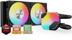 MONTECH HyperFlow ARGB 240 - AIO CPU Liquid Cooler, Intel&AMD Compatible, Chart-Topping Performance, Enhanced 3100RPM Water Pump Design, 3X Metal Pro 12 ARGB Ultimate Cooling Fans - Black