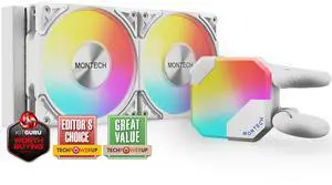 MONTECH HyperFlow ARGB 240 - AIO CPU Liquid Cooler, Intel&AMD Compatible, Chart-Topping Performance, Enhanced 3100RPM Water Pump Design, 3X Metal Pro 12 ARGB Ultimate Cooling Fans - White