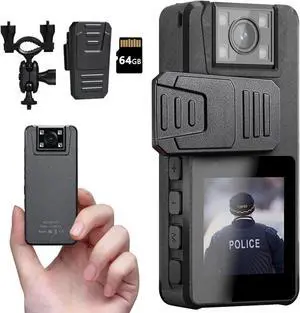 Body Camera 3000mAh, 1296P Camcorder with IR Night Vision, 180° Rotatable Lens and 2 Sturdy Clips, 64GB Body Cam with Audio and Video Recording, Ideal for Police Cycle Delivery Home