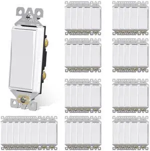 Single Pole Rocker Decora Light Switch, 15 Amp Self-grounding Electrical Light Switches, Residential Grade, UL Listed (50, Glossy White, Without Wall Plate)