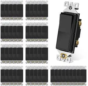 Single Pole Rocker Decora Light Switch, 15 Amp Self-grounding Electrical Light Switches, Residential Grade, UL Listed (50, Glossy Black, Without Wall Plate)