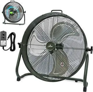 18" Rechargeable Battery Operated Camping Floor Fan, High Velocity Portable Outdoor Fan with Metal Blade, With Built-in Lithium Battery for Whole Day Usage, 18 Inches, Military Green