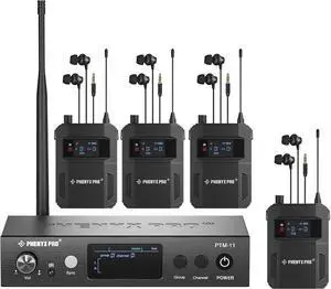 Wireless In-Ear Monitor System, Dual IEM for Musicians, Mono Stage Monitor, Metal w/ 4 Bodypacks, 50 UHF Frequencies, Rack Mount, 164ft Range, for Studio/Band (PTM-11-4B)