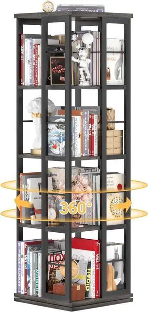 Rotating Bookshelf, 4-Tier Corner Bookshelf, 360 Display Wood Spinning Bookshelf, Floor Standing Bookcase Narrow Shelf Revolving Organizer Storage Rack for Small Space, Grey Oak