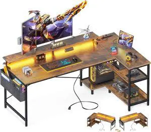 66 Inch Gaming Desk with USB Charging Ports and LED Lights, Reversible L Shaped Computer Desk with Storage Shelves & Monitor Stand, Home Office Desk Table with Power Outlets, Vintage
