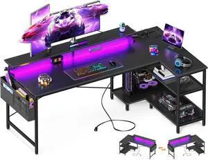 66 Inch Gaming Desk with USB Charging Ports and LED Lights, Reversible L Shaped Computer Desk with Storage Shelves & Monitor Stand, Corner Gamer Desk Table with Power Outlets, Carbon Fiber Black