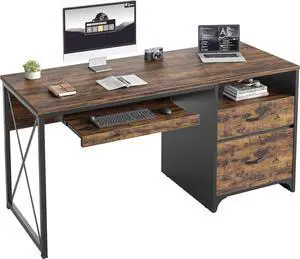 Office Desk with Drawers, 55 inch Industrial Computer Desk with Storage, Wood Teacher Desk with Keyboard Tray & File Drawer for Home Office, Rustic Brown
