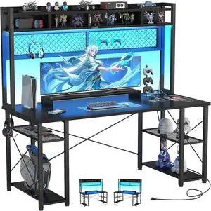 2024 Upgrade Gaming Desk with Hutch, 55.2'' Magic Computer Desk with LED Lights and Outlets, Reversible Workstation Desk with Pegboard and Monitor Stand, Gamer PC Table, Black