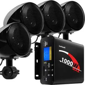 TN4-Q 1000W 4 Channel Amplifier 4" Full-Range Waterproof Bluetooth Motorcycle Stereo Speakers Audio System AUX USB SD Radio for 1-1.5" Handlebar Harley Touring Cruiser ATV