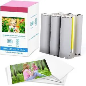 2 Pack Compatible Canon Selphy CP1300 Ink and Paper KP-108IN KP108 3 Color Ink Cartridges and 108 Sheets 4x6 Photo Paper Glossy for Canon Selphy CP1500, CP1300, CP1200, CP1000 Compact Photo Printers