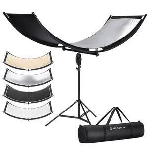 U-Shape Reflector Curved Reflector 180x60cm with 4-in-1 Reflective Fabric, Black/Gold/White/Silver, with 1.9m Stand, with Storage Bag, for Photography Studios