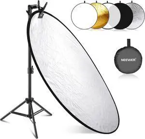43"/110cm Light Reflector Kit, 5 in 1 Collapsible Round Reflector (Translucent/Silver/Gold/White/Black), Metal Clamp and 21"-43/53-110cm Short Stand for Low Angle Children Studio Photography