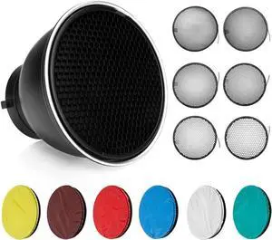 Standard Reflector Beauty Dish Diffuser Lamp Shade 7"/ 18cm Photography with 10°/20°/30°/40°/50°/60° Degree Honeycomb Grid,6 Colors Soft Cloth for Studio Strobe Flash Light Speedlite