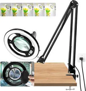 10X Long Magnifying Glass with Light and Stand, 2200 Lumens Dimmable Bright LED Lighted Magnifier, Ajustable Swing Arm Magnifying Desk Lamp with Clamp, Hands Free for Hobby Repair Workbench