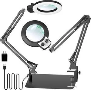 12X Magnifying Glass with Light and Stand, 2-in-1 Any Color Modes & Stepless Brightness Magnifying Desk Lamp with Clamp, LED Magnifier with Light for Crafts Jewelry Painting Sewing Close Work