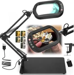 10X Rectangle Magnifying Glass with Light and Stand, 5 Color Modes Stepless Dimmable, 2-in-1 LED Lighted Desk Lamp & Clamp, Hands Free Magnifier for Reading Crafts Repair Painting Close Work