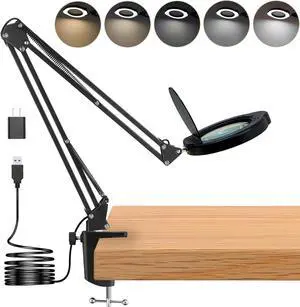 15X Magnifying Glass Desk Lamp with Clamp, Real Glass Lens, 84 LEDs, 5 Color Modes Dimmable, Led Lamp Magnifier with Dust Cover, USB Charger, Clean Cloth, Ideal Gift for Seniors, Crafters, Hobbyists
