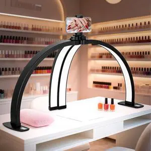 Foldable Esthetician for Half Moon Light Nail Tech for Lash, Craft, Tattoo, Manicure, 29in Large Desk Nail Lamp 4700 Lumens Adjustable 3 Color Modes & 10 Brightness with Phone Stand-Black